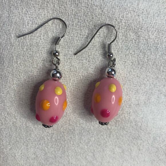 Pink Pastel Polka Dotted Lampwork Bead Earrings Dangle NWT - Picture 3 of 6